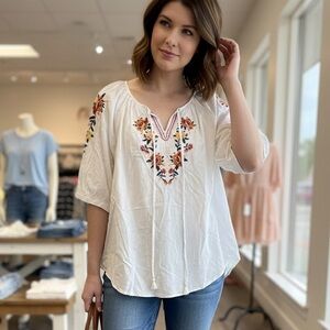 St. John's Bay White Blouse with Colorful Embroidery. Size Medium.
